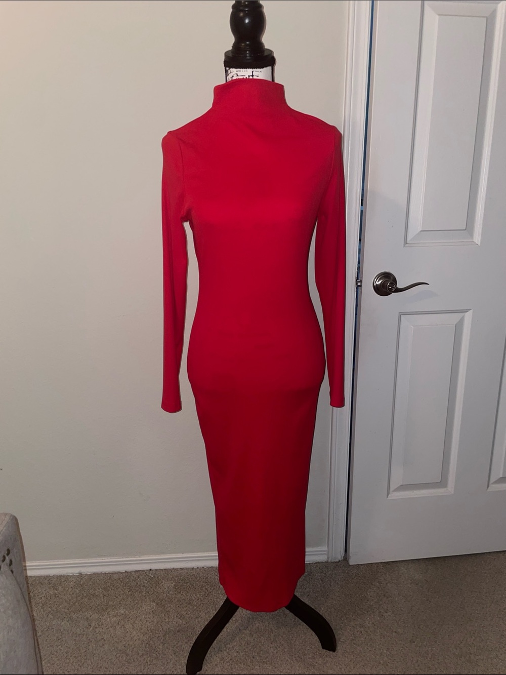 Red Mock Neck Long Sleeve Bodycon Dress